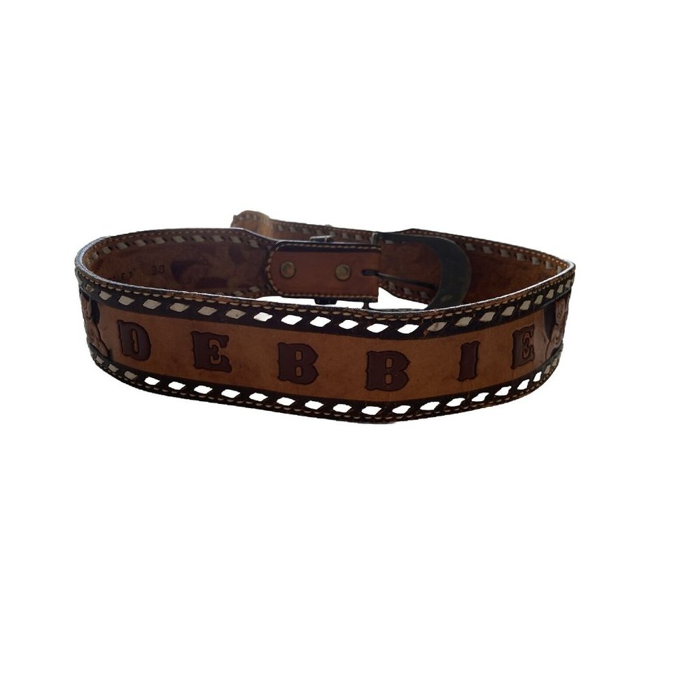 Vintage Hand Tooled Western Leather Belt 30 Name (Debbie) Flowers Laced